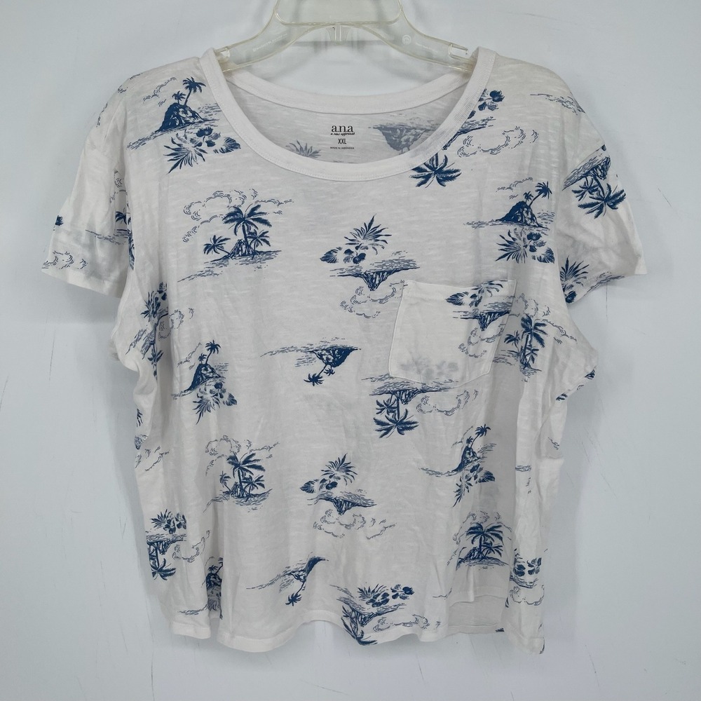 a.n.a Women's White Blue Tropical Palm Tree Pocket T-Shirt Size XXL